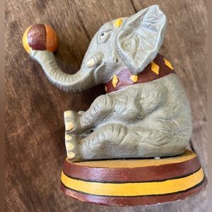 Vintage Cast Iron Elephant Bank  with Ball Circus 5 3/4" Tall Marked THT 2000